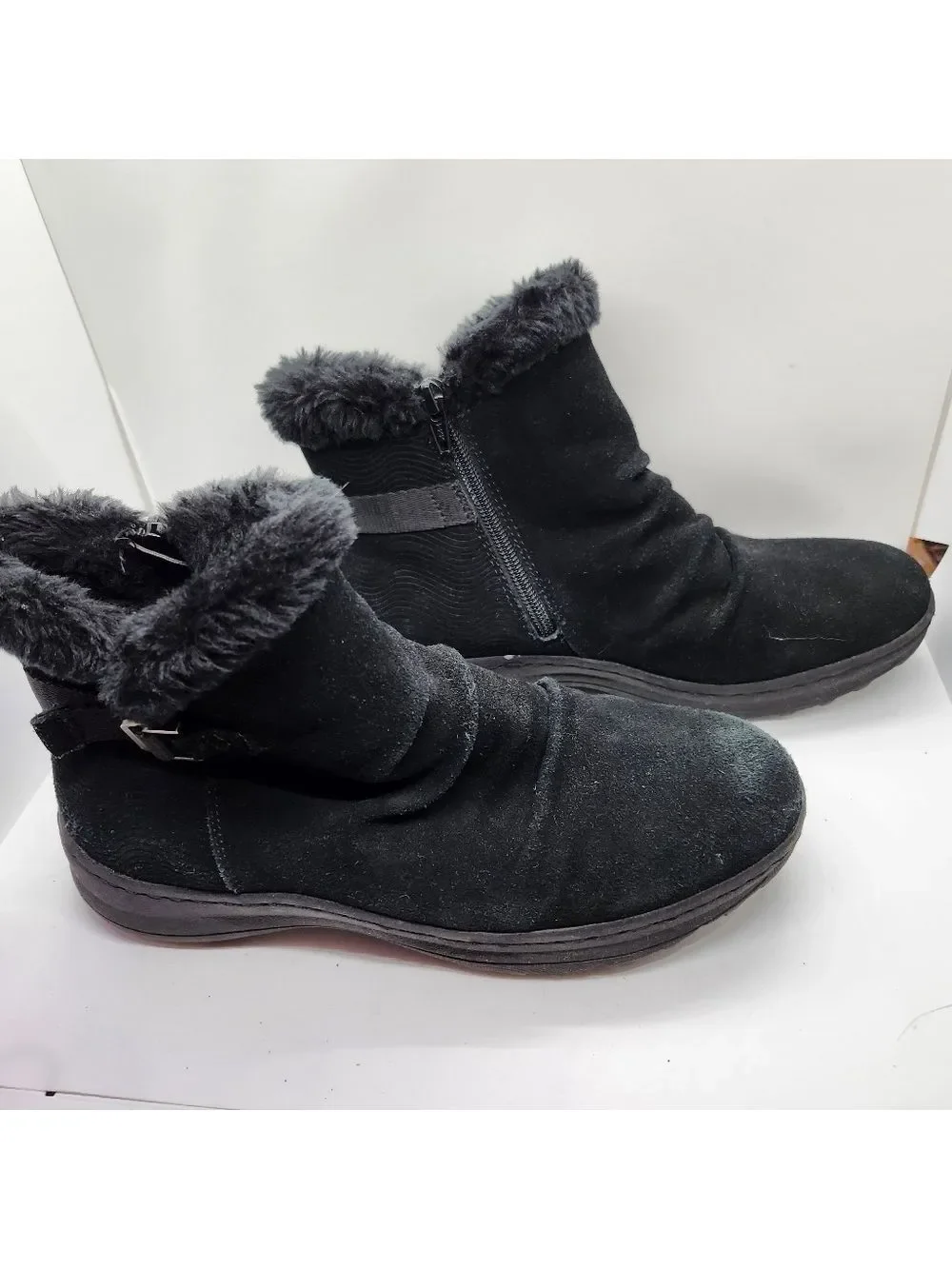 Baretraps Black Suede Ankle Boots with Faux Fur Trim Side Zip Sz 8M